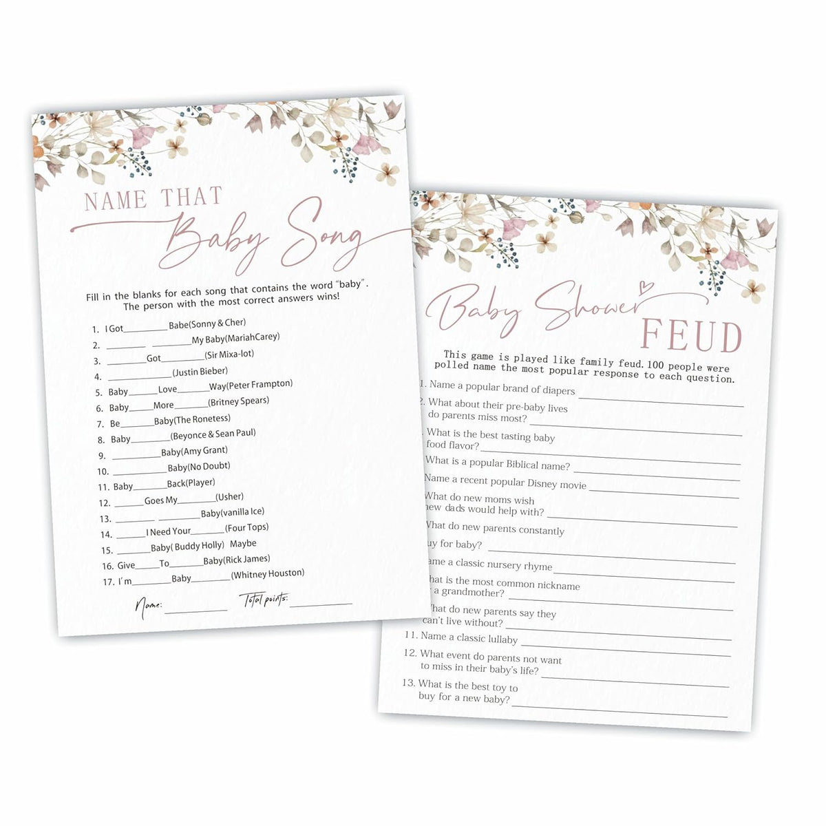 Boho Flowers Baby Shower Game Activities, Name That Baby Song & Baby Shower Feud Theme Game Cards, 30 Floral Game Cards & 1 Answer Card, Decorations & Supplies For Baby Shower Party?5X7 Inches? - C05