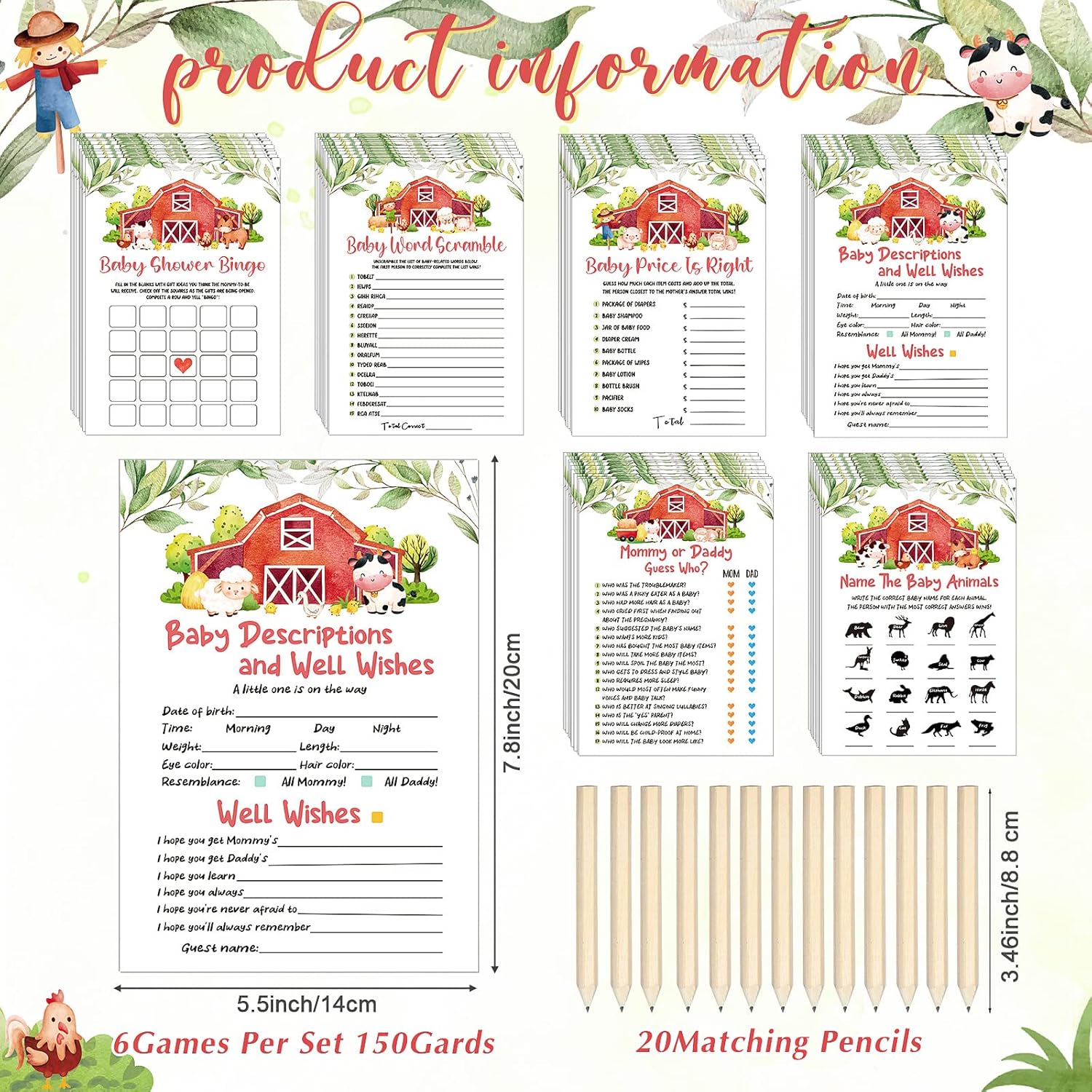 150 Pcs Watercolor Baby Shower Games Set Farm Animals 6 Games With 20 Pieces Pencils For Baby Shower Activities Include Descriptions, Guess Who, Price, Bingo Game, Word Scramble Game