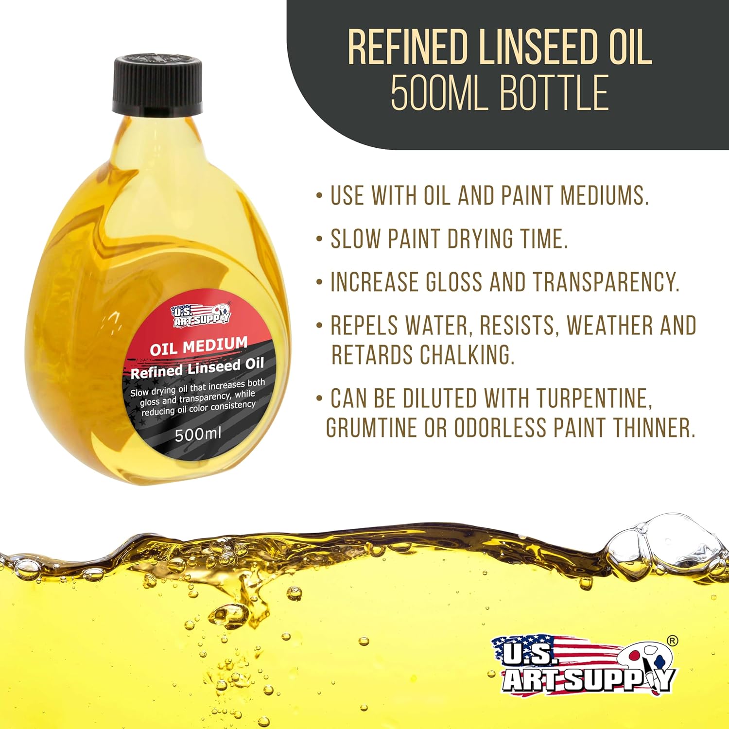Refined Linseed Oil, 500Ml (16.9 Oz) Fluid Medium - Linseed Oil For Wood, Painting Mediums & Wood Finishing