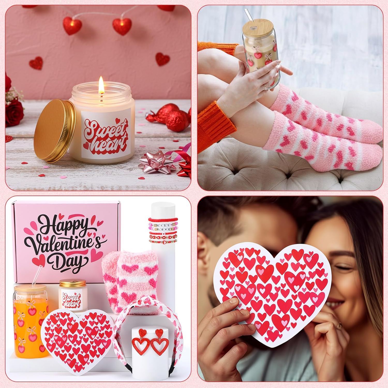 8 Pcs Gifts Set For Women Happy Gift Basket Includes 17Oz Coffee Glass With Lid Straw Scented Candle Bracelet Hairband Socks Earrings Card Box (Valentines Day)