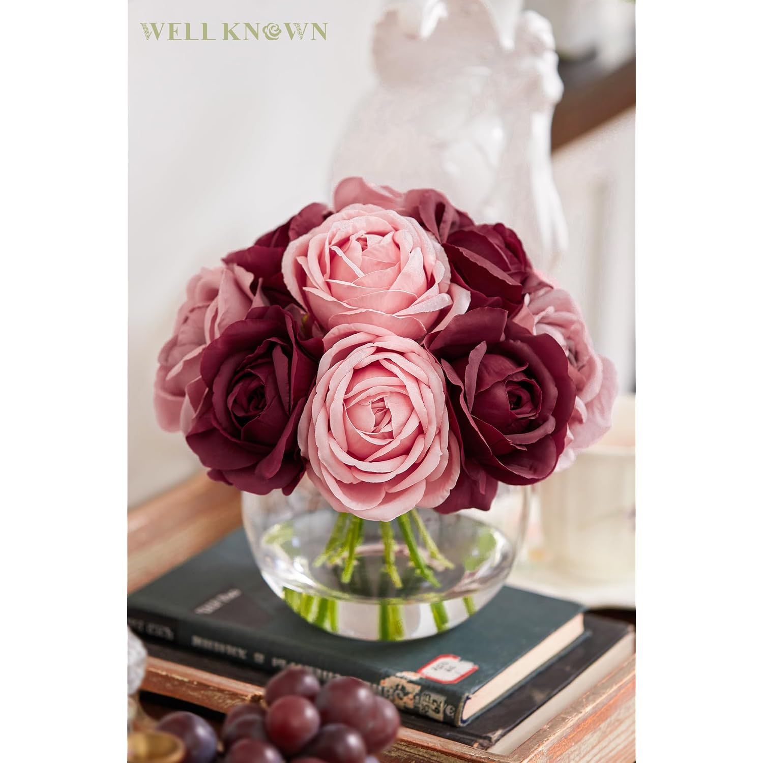 Silk Rose Artificial Flowers With Vase, Artificial Rose Flower Arrangement In Round Glass Vase With Faux Water For Home Dining Table Wedding Birthday Party Decor (Burgundy Red & Dusty Rose)