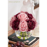 Silk Rose Artificial Flowers With Vase, Artificial Rose Flower Arrangement In Round Glass Vase With Faux Water For Home Dining Table Wedding Birthday Party Decor (Burgundy Red & Dusty Rose)
