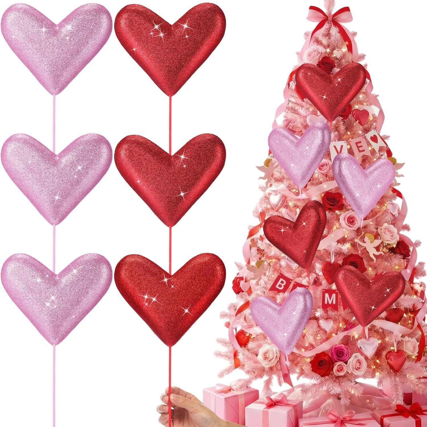 6 Pcs 14'' Large Glitter Valentines Red Heart Decorations Giant Valentine Heart Ornaments Oversized Tree Picks For Tree Topper Home Wedding Holiday Party Decor Vase Fillers(Red,Pink,Classic)