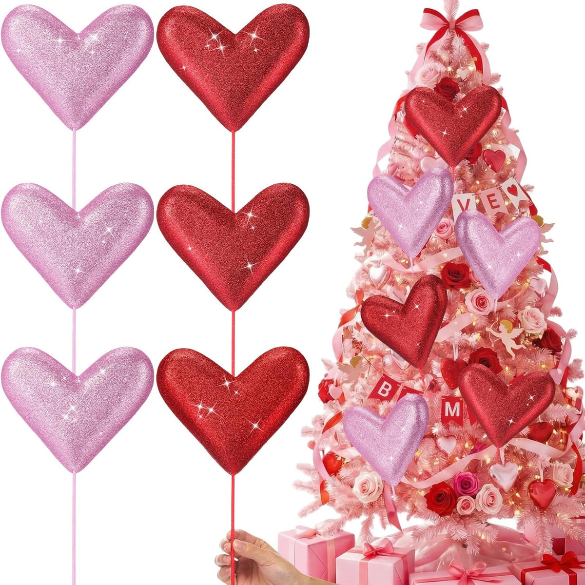 6 Pcs 14'' Large Glitter Valentines Red Heart Decorations Giant Valentine Heart Ornaments Oversized Tree Picks For Tree Topper Home Wedding Holiday Party Decor Vase Fillers(Red,Pink,Classic)