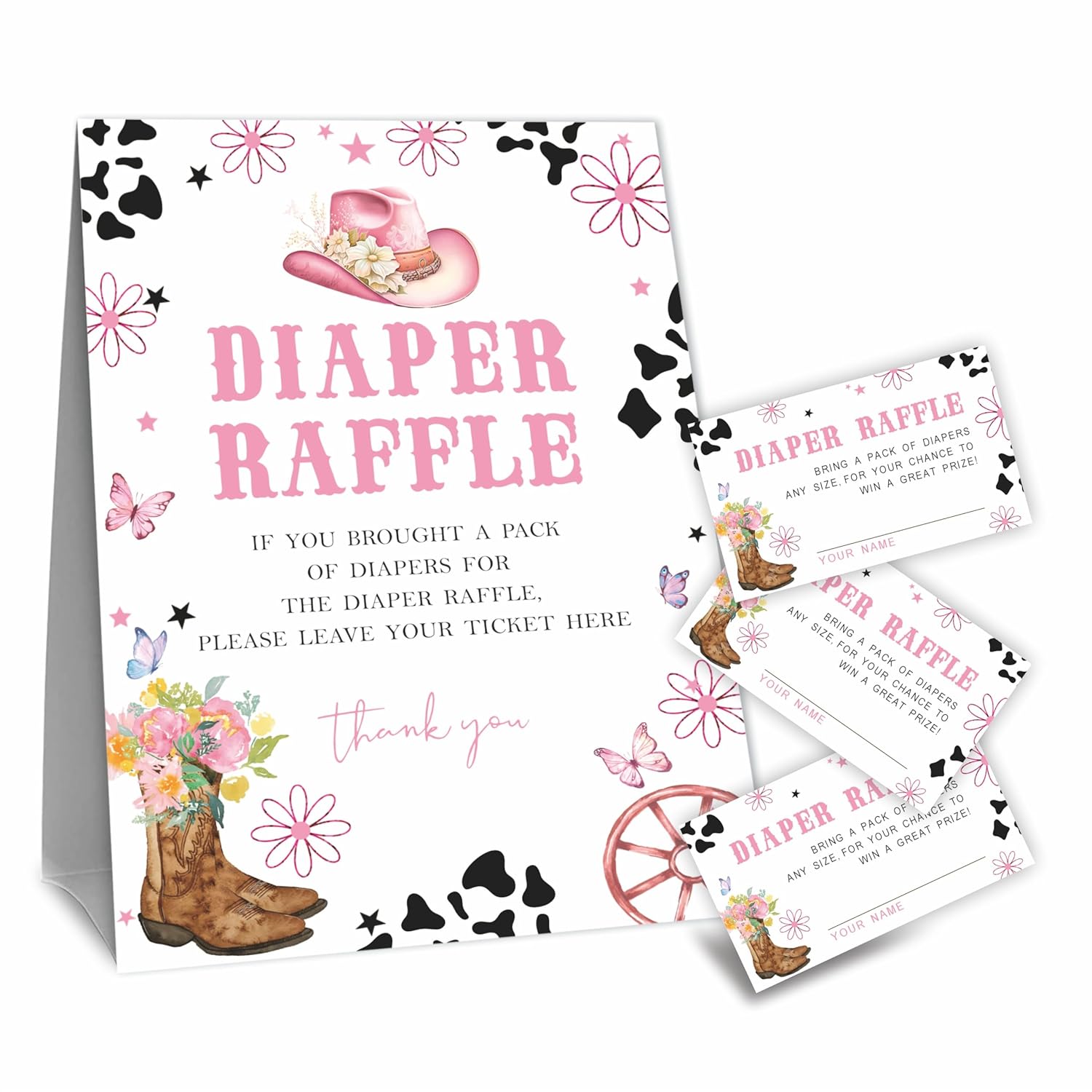 Baby Shower Diaper Raffle Game Kit, Western Cow Girl Theme, 50 Tickets & 1 Standing Sign, Decoration For Shower, Gender Reveal, Baby Announcement, Party Favor & Decorations - B09, Medium