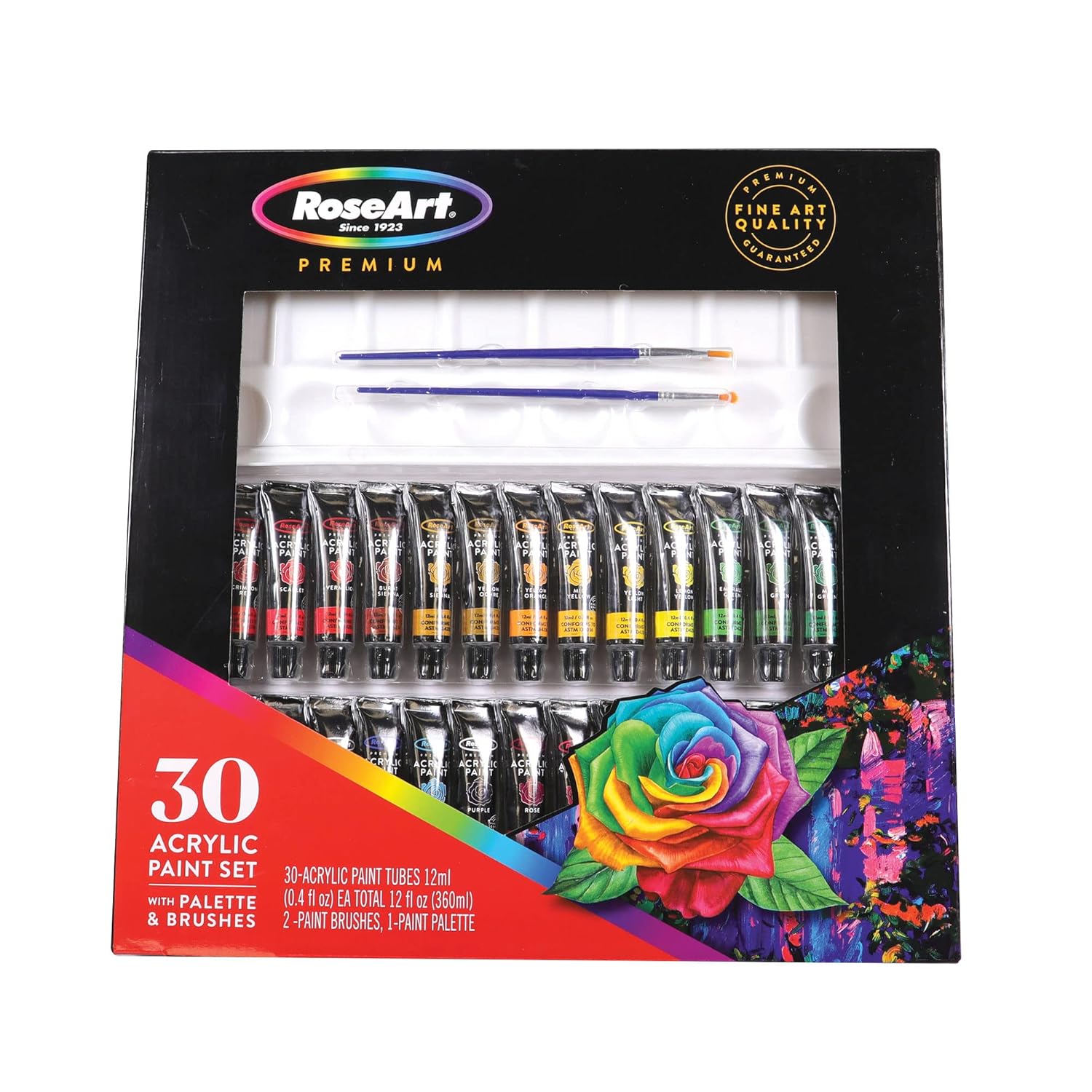 Rose Art Premium 30ct Acrylic Paints Set, Professional Painting Set Complete with 30 Acrylic Paint Colors and Bonus 2 Paint Brushes and Paint Palette