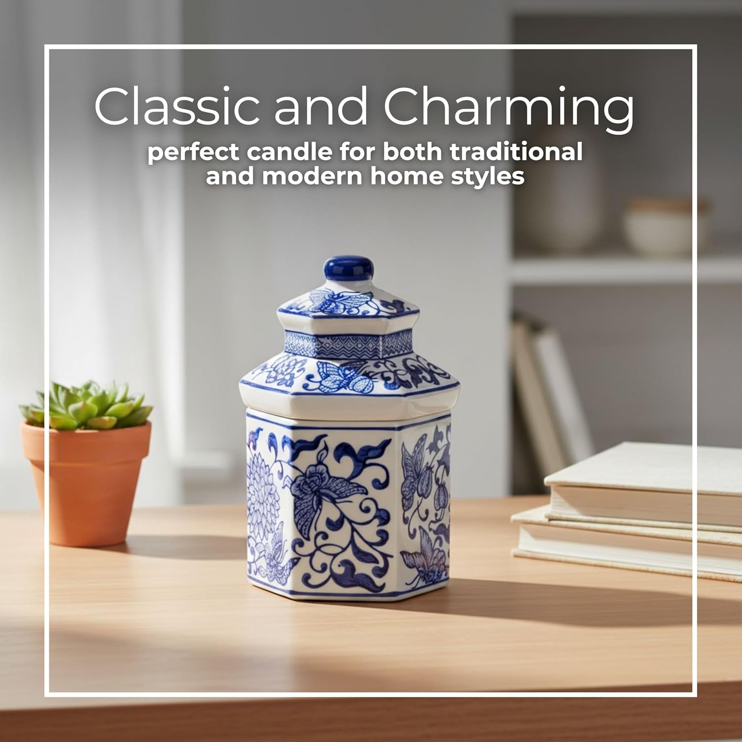 Chinoiserie Ceramic Jar Candle With Lid - Hand-Painted Blue & White Hexagonal Stoneware - Decorative Boho Home & Office Accent - 7" Blue & White
