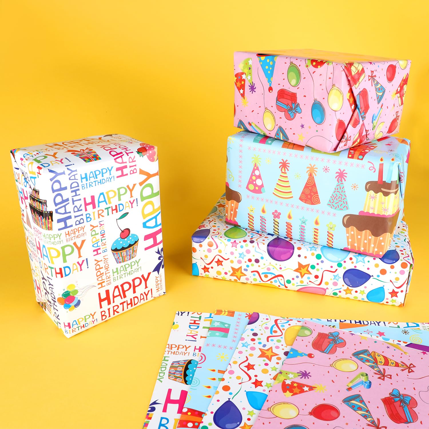Birthday Wrapping Paper Sheet, 12 Sheets Folded Flat Gift Wrapping Paper, 4 Styles Happy Birthday Gift Wrap With Balloons, Candles, For Birthday Party, Baby Shower And Holiday, 19.7" X 27.5" Per Sheet