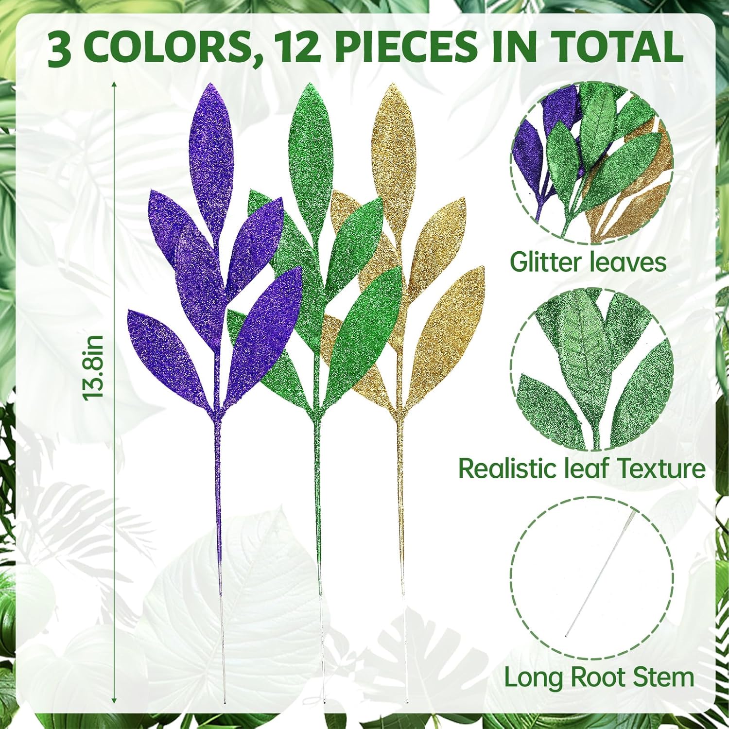24 Pcs Mardi Gras Decor Leaf Picks 14" Tall Artificial Glitter Purple Green Gold Bay Picks And Sprays Carnival Centerpiece Tree Decorations For Mardi Gras Table Decor Vase Filler