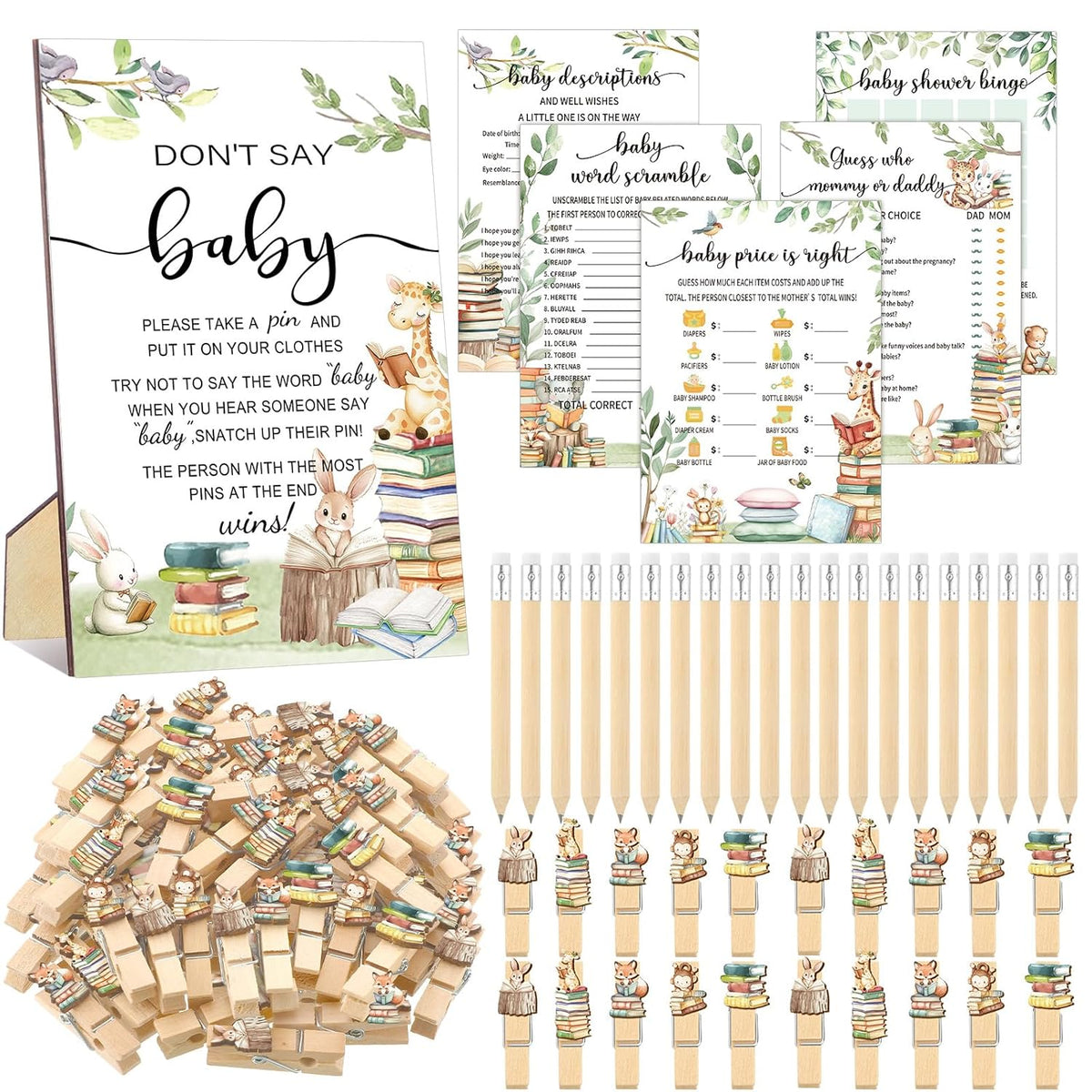 321 Pcs Storybook Baby Shower Decorations Supplies Book Baby Shower Games Bingo Price Scramble Don'T Say The Word Who Mom Clothespin For Book Theme Gender Reveal Party Decorations
