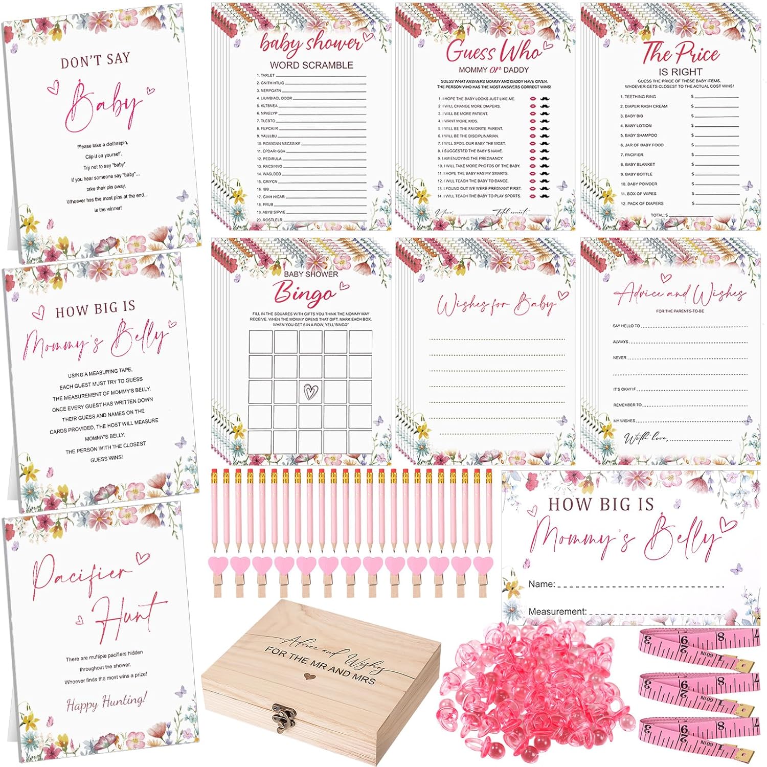 Baby Shower Games 8 Games Floral Theme Baby Shower Bingo, Price Is Right, Guess Who Mommy Or Daddy, Word Scramble Fun And Easy To Play Game Activity For Party Favors