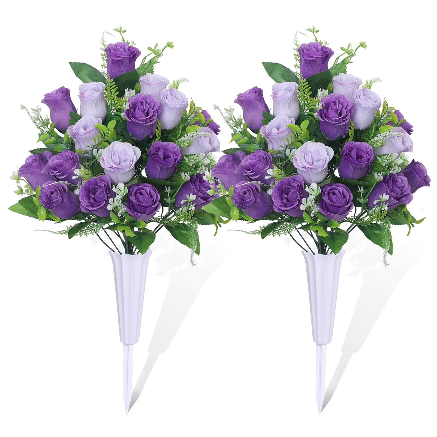 Set Of 2 Artificial Cemetery Flowers, Grave Memorial Flowers With Vase, Outdoor Grave Decorations Roses For Cemetery Headstones Decoration (Purple)