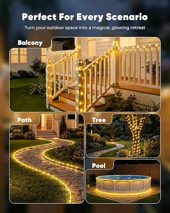 39FT 100 LED Solar Rope Lights Outdoor Waterproof Warm White Solar String Lights with 8 Lighting Modes for Garden Patio Pool Backyard Tree Party Decor