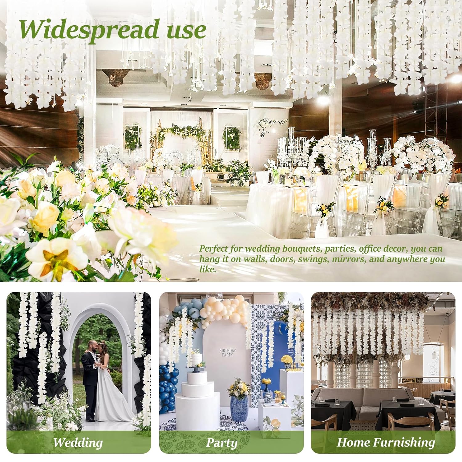 40Pcs Artificial Wisteria Hanging Flowers, 3.3Ft Artificial Wisteria Garland, White Hanging Wisteria Flower Vines Rattan, Reusable Silk Flowers String For Wedding Arch Party Garden Home Decor