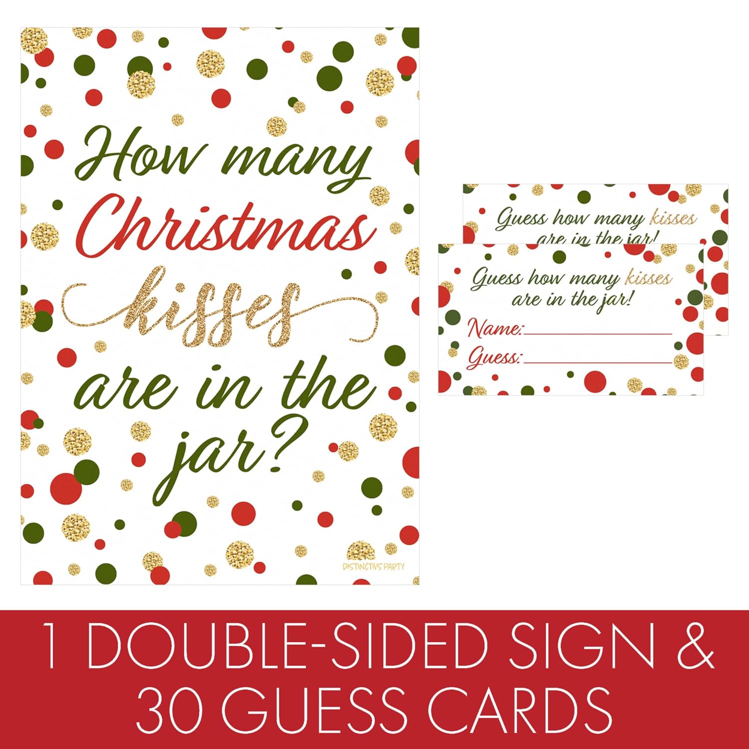 Christmas Party Game How Many Kisses (1 Double-Sided Sign With 30 Guessing Cards)