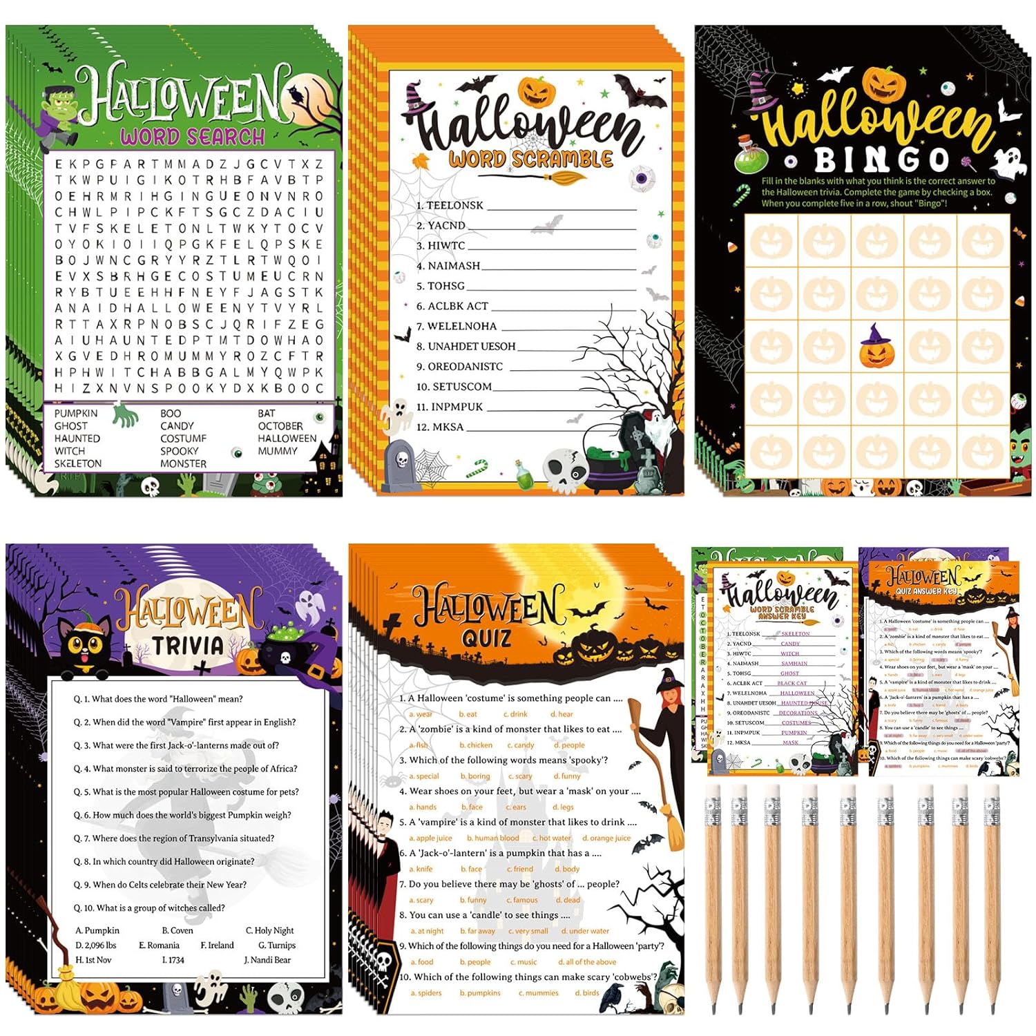 149 Pcs Halloween Party Games With Pencil 25 Players Halloween Word Search Scramble Trivia Quiz Game Bingo Card For Adults Groups Fall Family Activities Party Favors Supplies