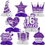 16th Birthday Decorations, 8 PCS 16th Birthday Honeycomb Centerpieces Purple Silver, Happy 16 Birthday Table Centerpiece Table Toppers for Girls Sixteen Years Old Party Table Decorations