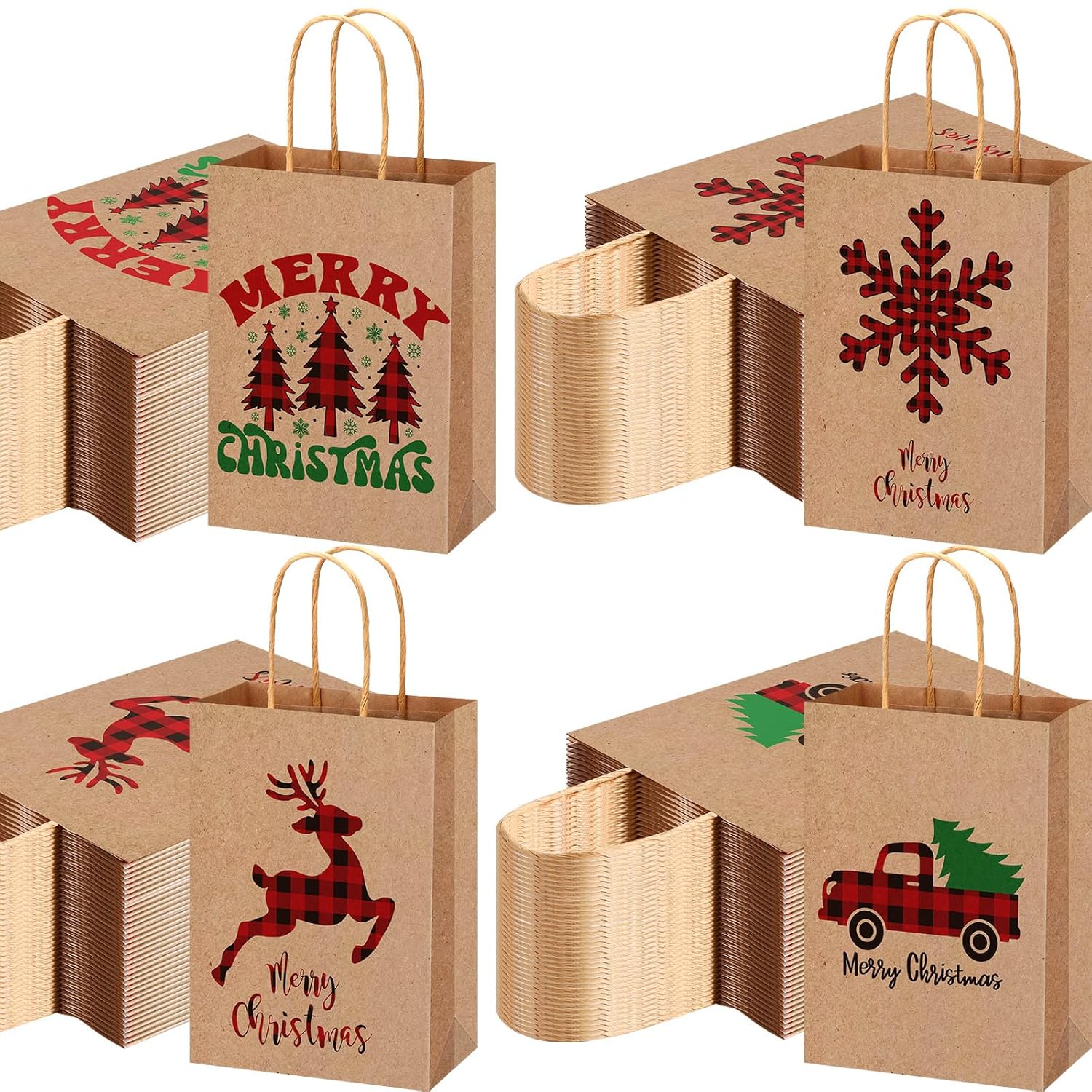 100 Pcs Christmas Kraft Gift Bags Bulk Xmas Holiday Paper Gift Bags With Handle Plaid Candy Treat Party Favor Bag For Christmas New Year Presents Wrapping Party Favor Supplies Decor