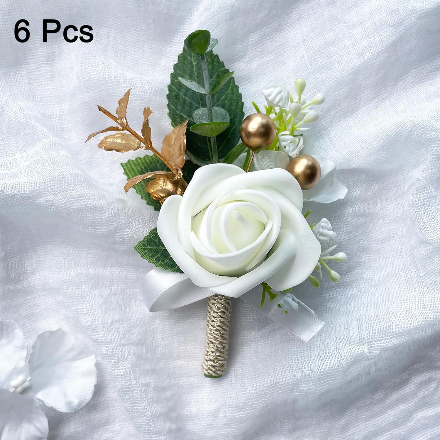 uxcell 6pcs White Rose Boutonnieres for Men, Buttonholes Pocket Corsage Artificial Flowers with Boutonnieres Pins for Bride Groom Wedding Ceremony Anniversary Formal Party