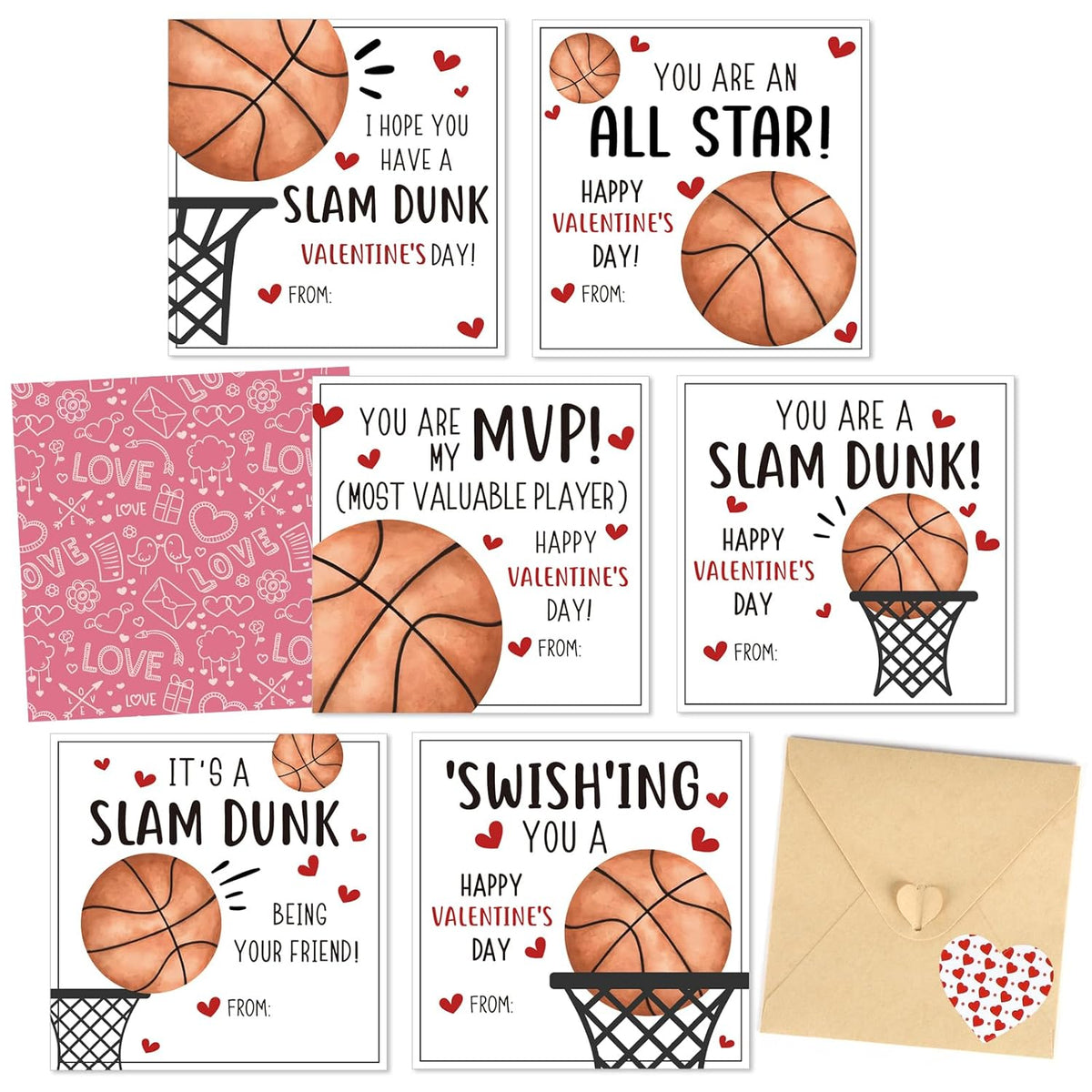 48 Pack Valentines Day Cards For Kids Classroom Basketball Valentine'S Day Exchange Greeting Cards With Envelopes And Heart Stickers For Kids Classroom School Party Favors 4.3 * 4.3 Inch