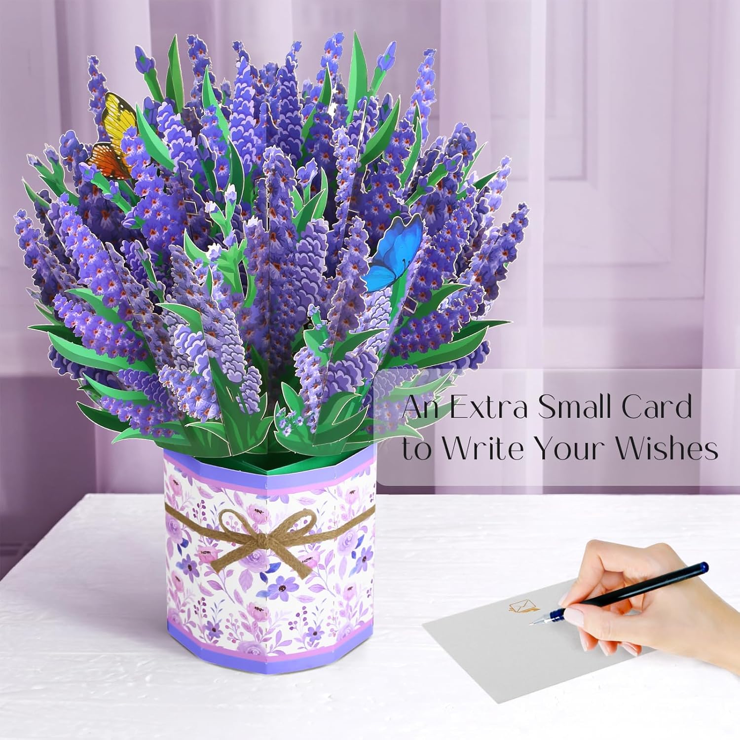 Lavender Flower Bouquet Pop Up Greeting Card With Envelop, 3D Effect, Purple, Foldable, Handcrafted