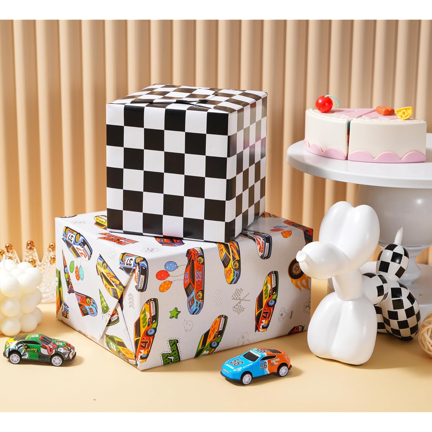 Race Car Reversible Wrapping Paper Roll - Gift Wrap With Black & White Checkered Flag On Reverse- Perfect For Holidays, Birthdays, Babay Shower And Christmas - 17.5 In X 33 Ft (48 Sq. Ft)