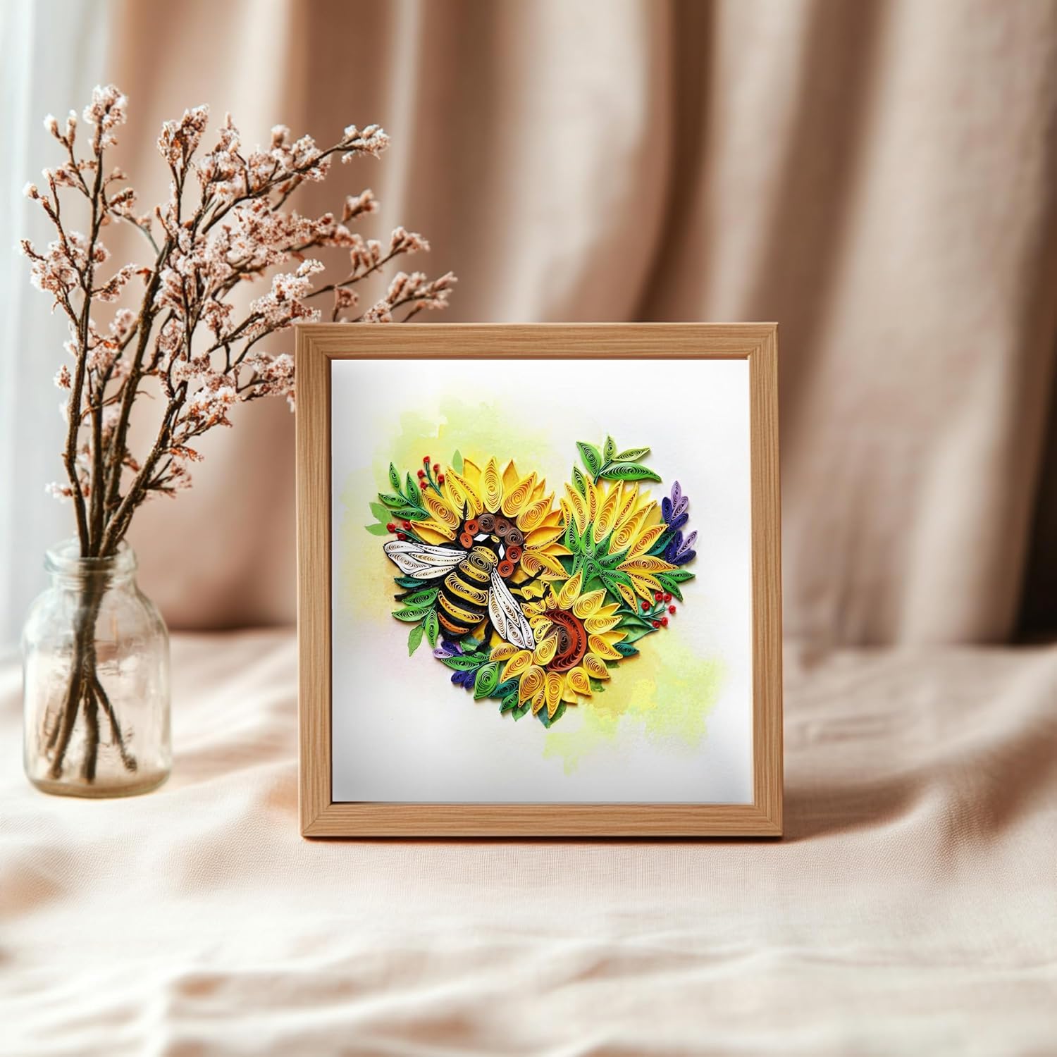 Sunflower Heart With Bee Card, Quilling Cards For All Occasions, Birthday, Mothers Day, Anniversary, Watercolor Classy Card For Women, Mom