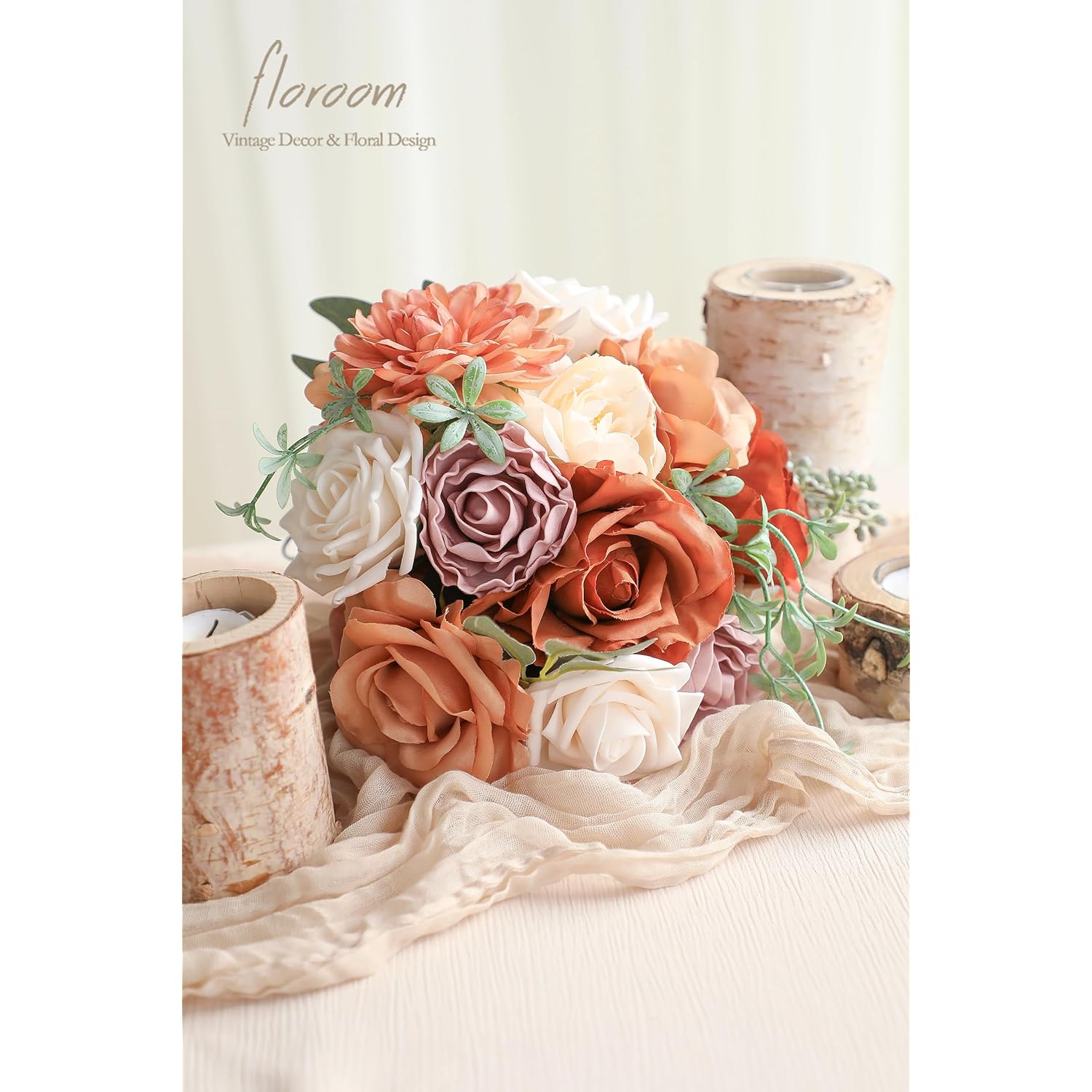 Terracotta Artificial Flowers Burnt Orange Fake Roses Peonies Dahlia Greenery Combo Box Set For Diy Wedding Bouquets Bridal Shower Centerpieces Floral Arrangements Party Tables Home Decoration