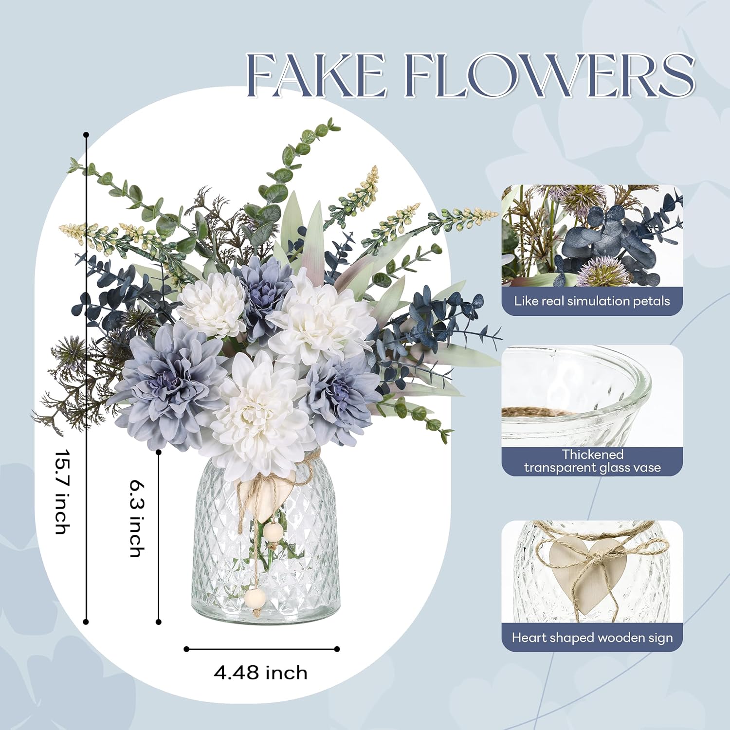 Fake Flowers In Vase Silk Artificial Navy Blue Flowers Arrangements With Glass Vase For Dinning Coffee Table Centerpieces Home Kitchen Farmhouse Wedding Decor
