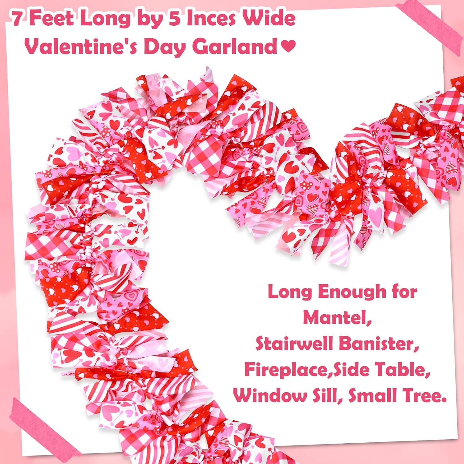 Valentine Garlands 7 Feet Valentine'S Day Rag Garland Red Ribbon Swag Heart Fabric Hanging Banner For Valentines Christmas Tree Door Wreath Mantle Staircase Decorations
