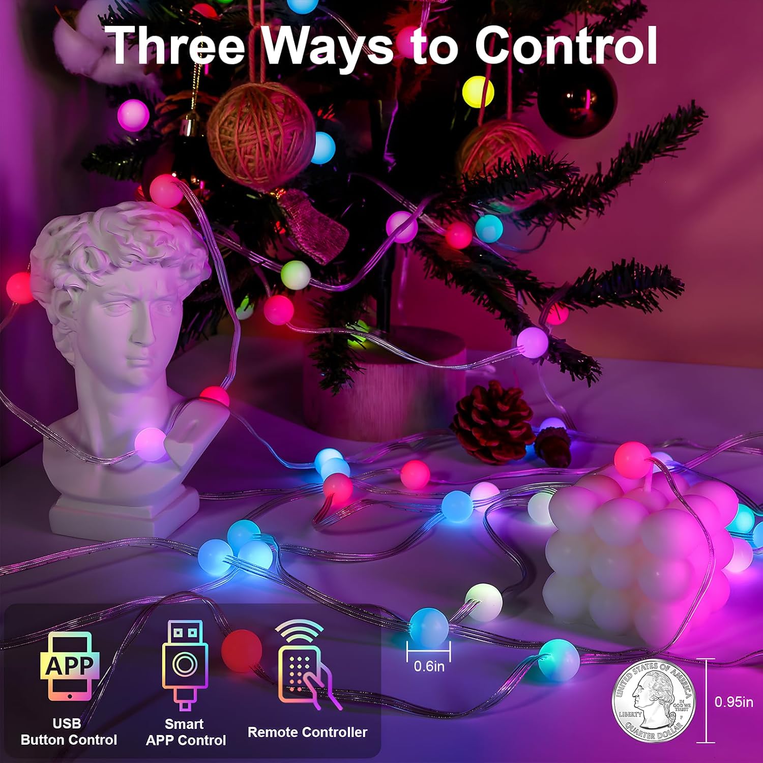 String Lights Indoor 16.4Ft 33Leds, Smart Rgb Fairy Twinkle Christmas Lights With Music Sync, Rf Remote, App Control, Mu
