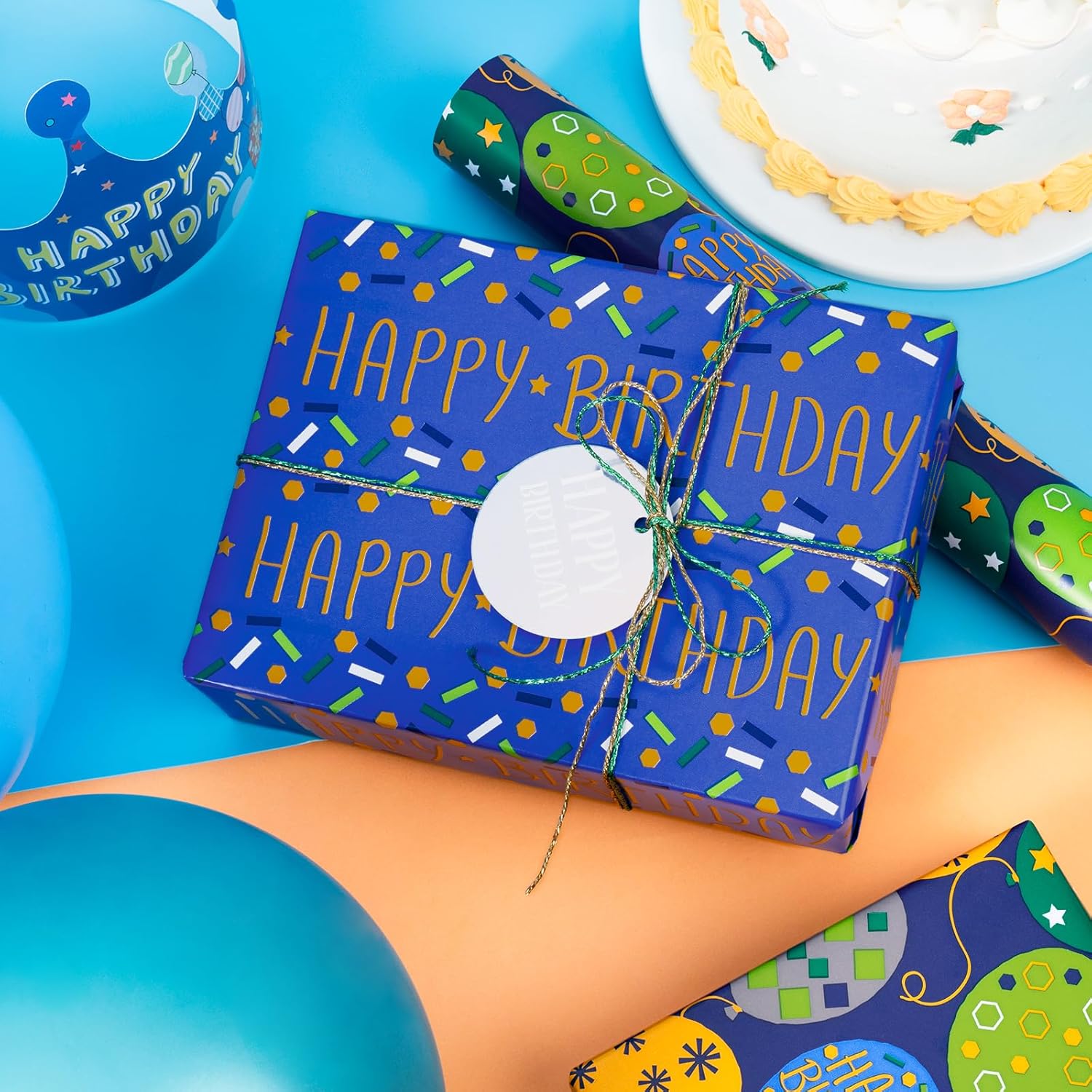Reversible Wrapping Paper Roll, Blue Happy Birthday Lettering & Balloon Design For Boys, Men'S Party, Mini Roll, 17 In X 32.8 Ft (46.45 Sq Ft)