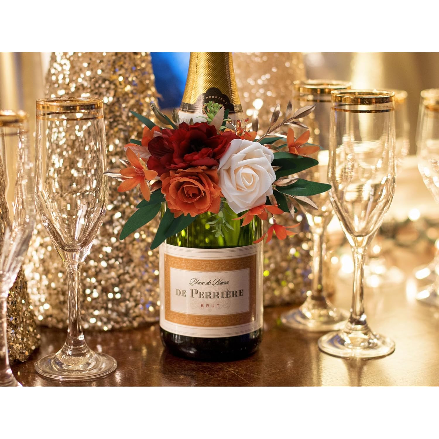 1Pcs Wine Bottle Flower Set, Dining Tables, Plates Decorations?Burnt Orange Artificial Flowers Wine Cup For Wedding Ceremony Anniversary, Wedding Home Decor