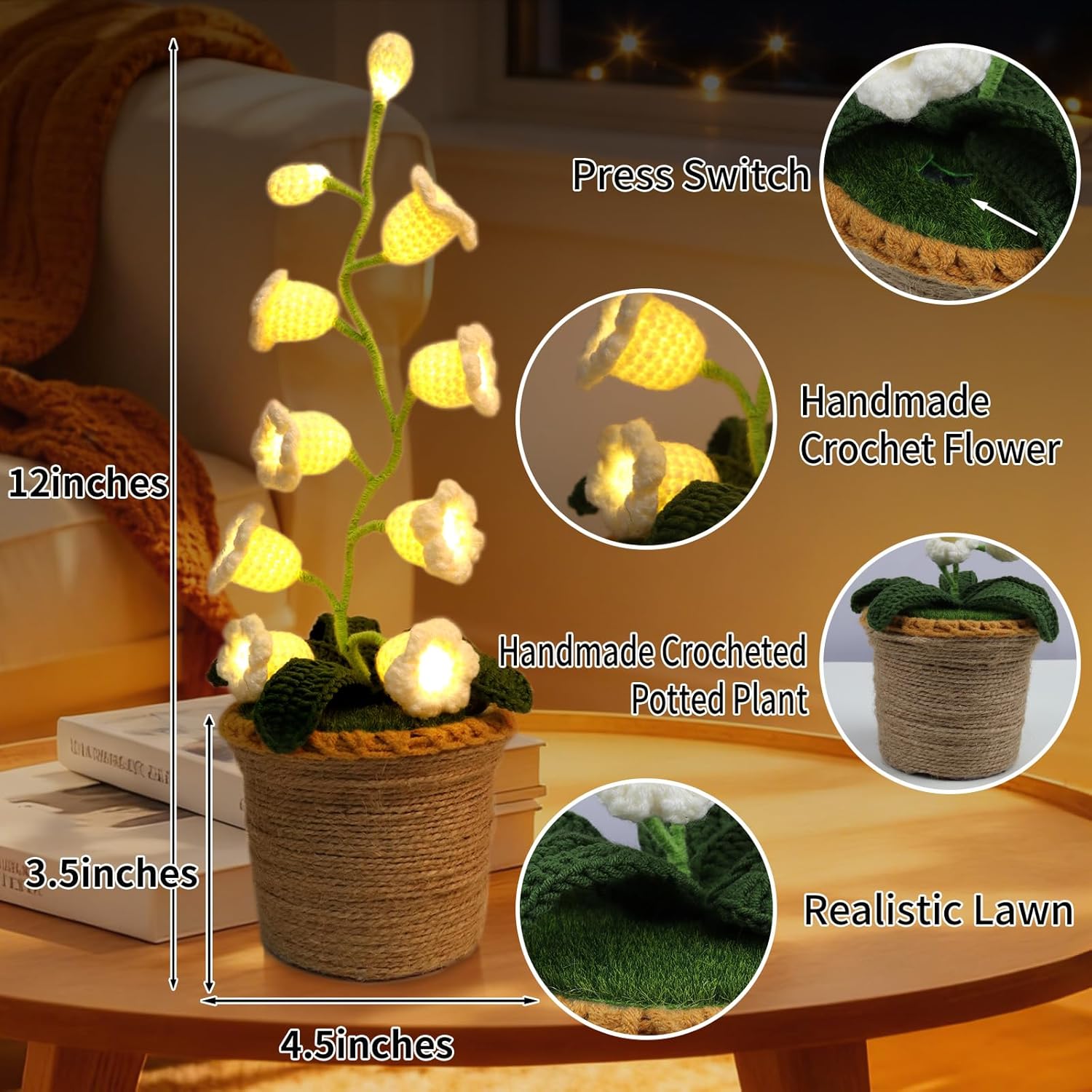 Lily Of The Valley Lamp, Crochet Artificial Flowers With 10 Little Night Lights, Cordless Flower Bedside Lamps Small Table Lamp For Mothers Day,Birthday Gifts,Christmas,Valentine Home Decor (White)