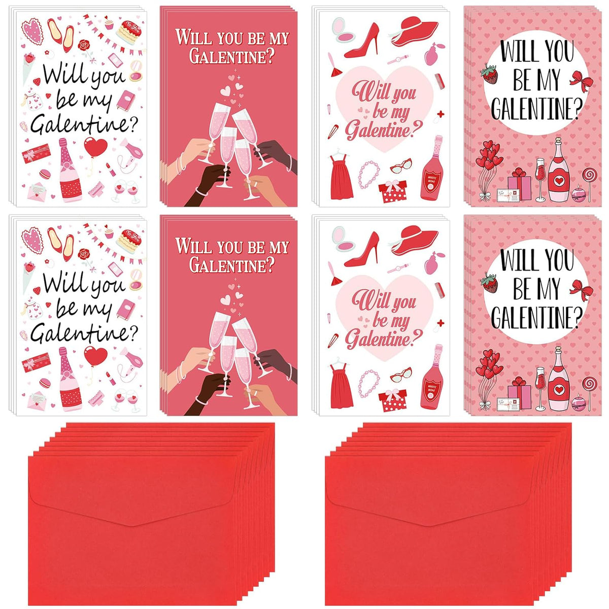 20 Set Happy Galentine'S Day Cards With Red Envelopes Valentines Day Greeting Cards Red Pink Heart Greeting Invitation Card For Women Lady Romantic Partner Galentines Valentines Party Favors