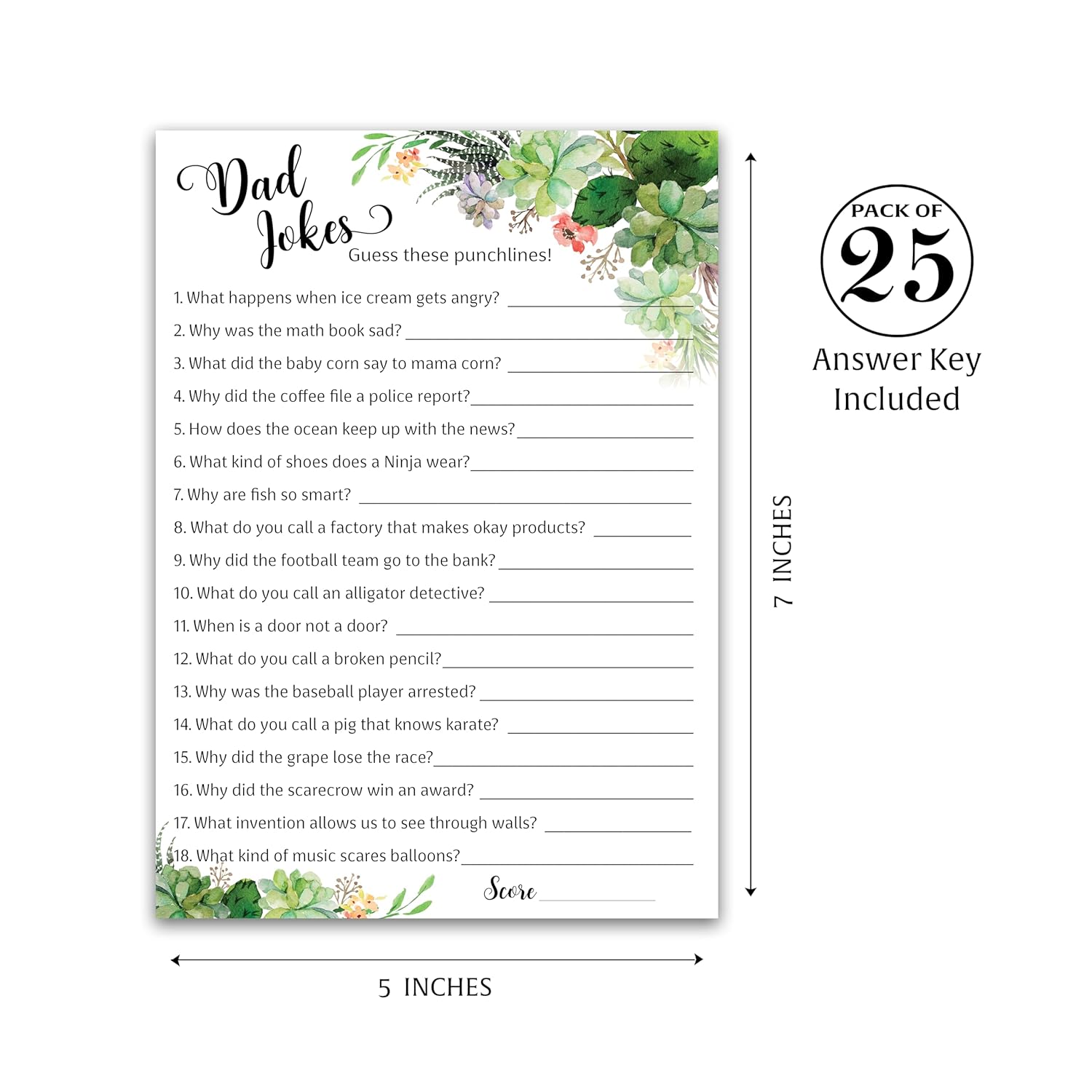 Succulents Dad Jokes Baby Shower Games, Daddy Jokes Shower Games — Pack Of 25 — Fun Dad Joke Game, Greenery Gender Neutral Funny Joke Trivia, Sprinkle Gender Reveal Party, Sip See, Birthday G300-Djk