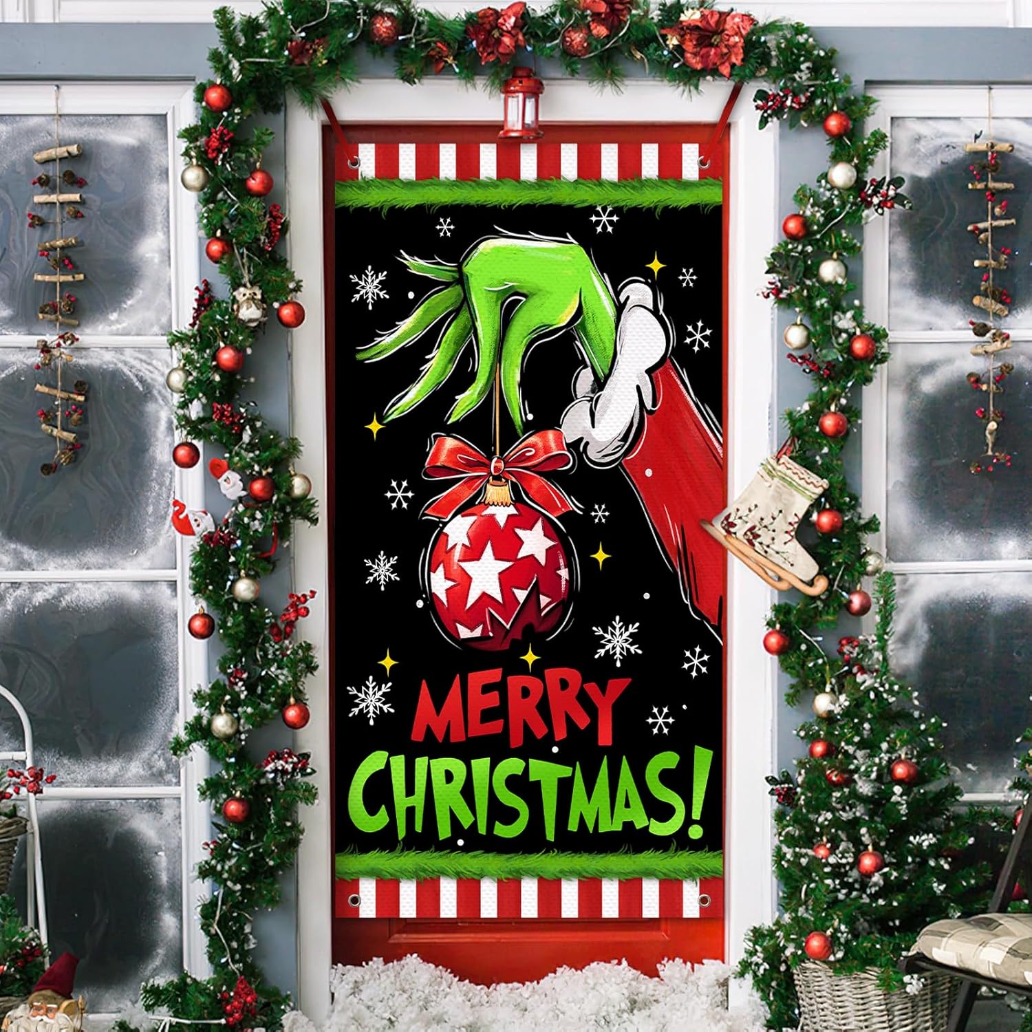 Merry Christmas Green Black Decorative Front Door Cover, Xmas Ball Snowflake Banner Background Decoration, Funny Winter Holiday Indoor Outdoor Home Decor 3 X 6 Ft