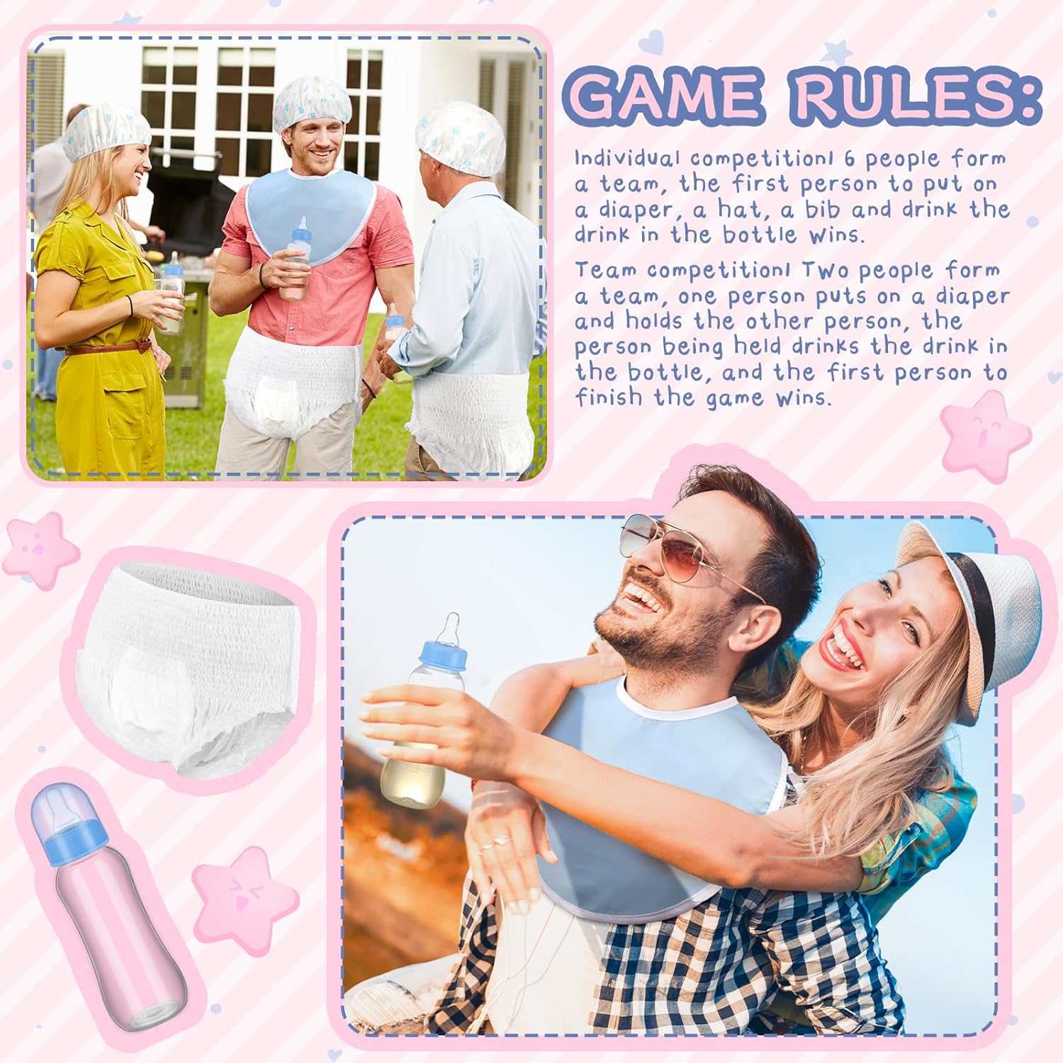 8 Sets Bottle Chug Baby Shower Games Plastic Baby Bottles Bulk Diapers Gender Reveal Games Hat And Adult Bib Race Game Decoration For Girl Adults (Modern Style,Blue)