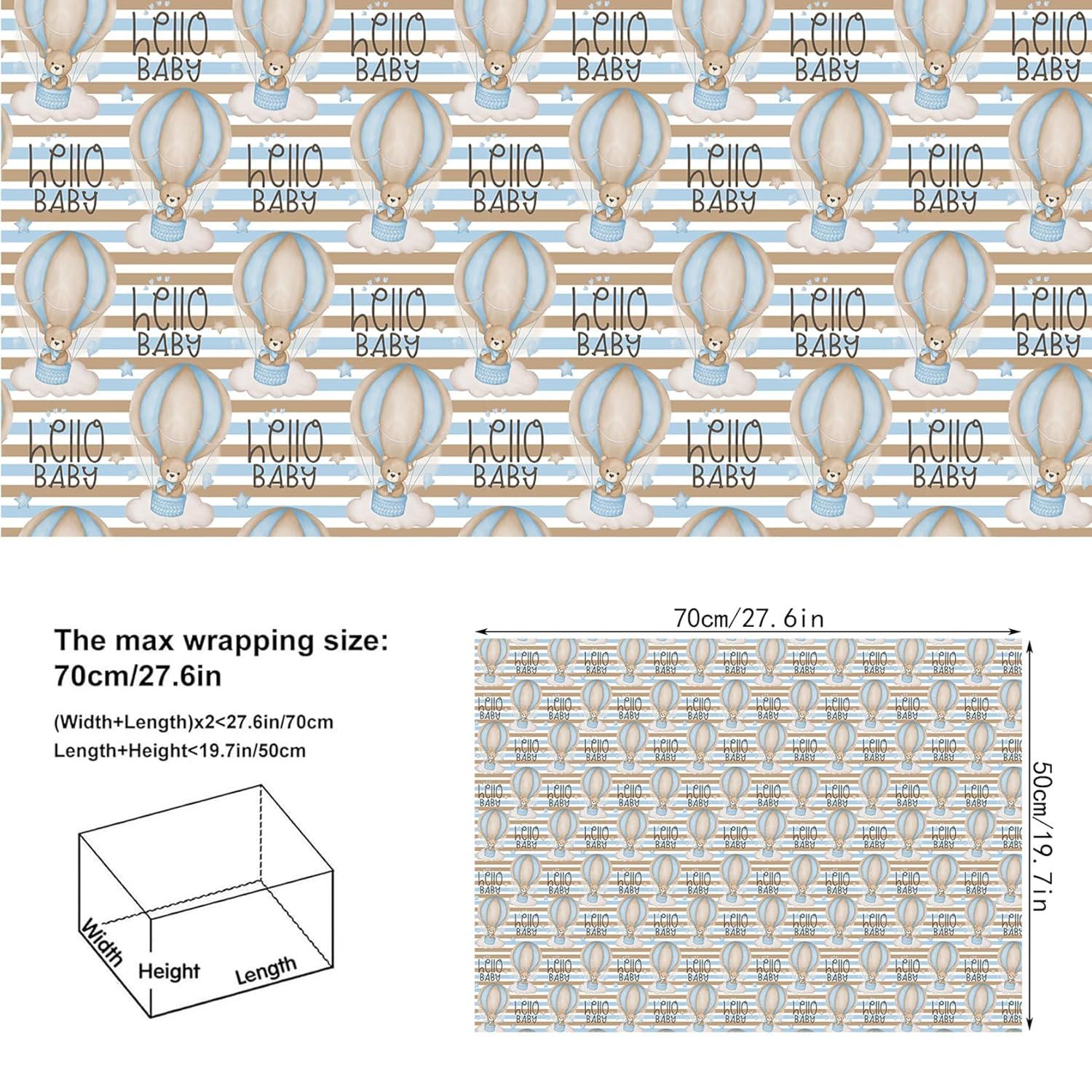 12 Sheets Teddy Bear Wrapping Paper For Baby Boy Infant - 19.7” X 27.6” Blue Bear Gift Wrap Paper In Moon Star Hot Air Balloon Patterns For Baby Shower, New Baby Birth, Baptism, Birthday Party