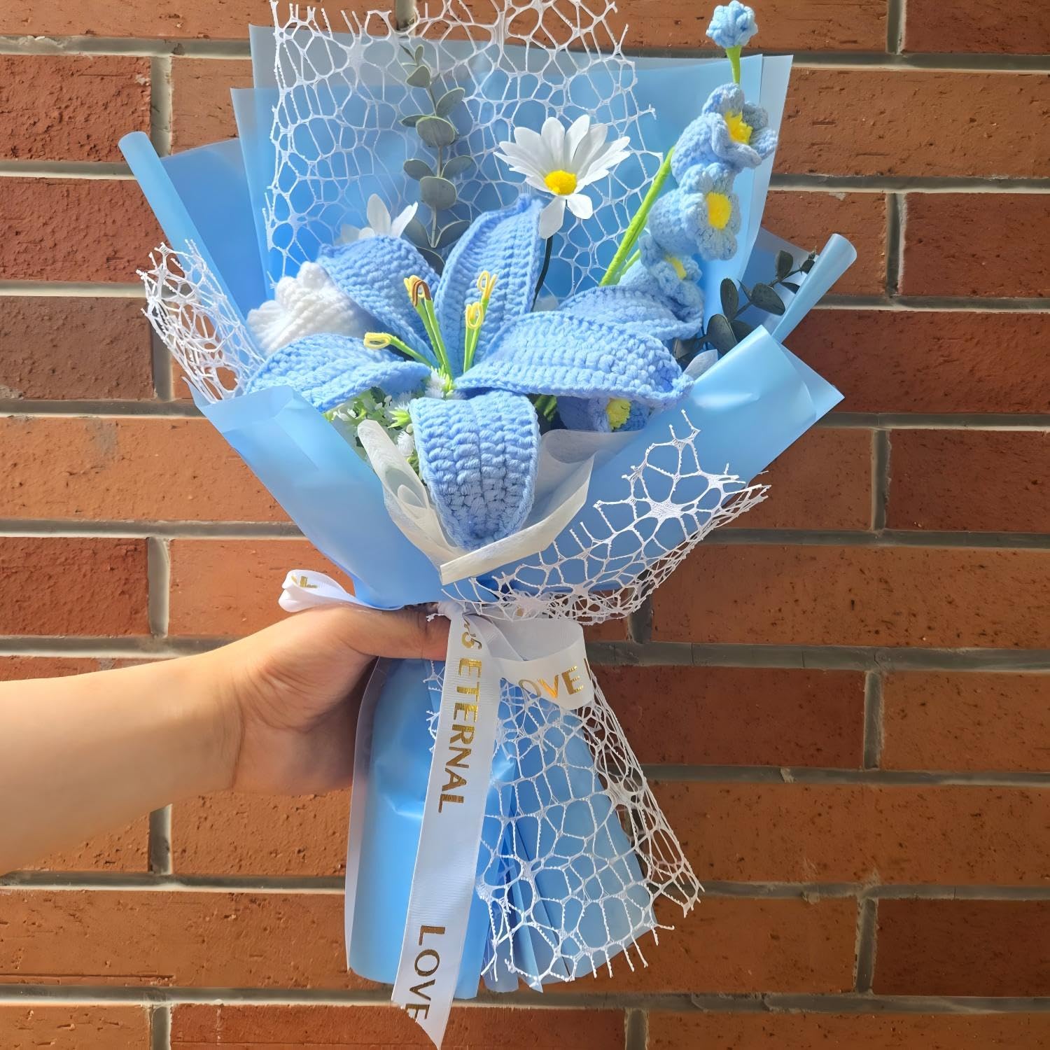 Crochet Flowers, Crochet Flower Bouquet Of Crochet Lily, Tulips, Lily Of The Valley, Handmade Artificial Flowers For Home Decor, Wedding, Anniversary, Birthday Gifts For Women (Include Card)