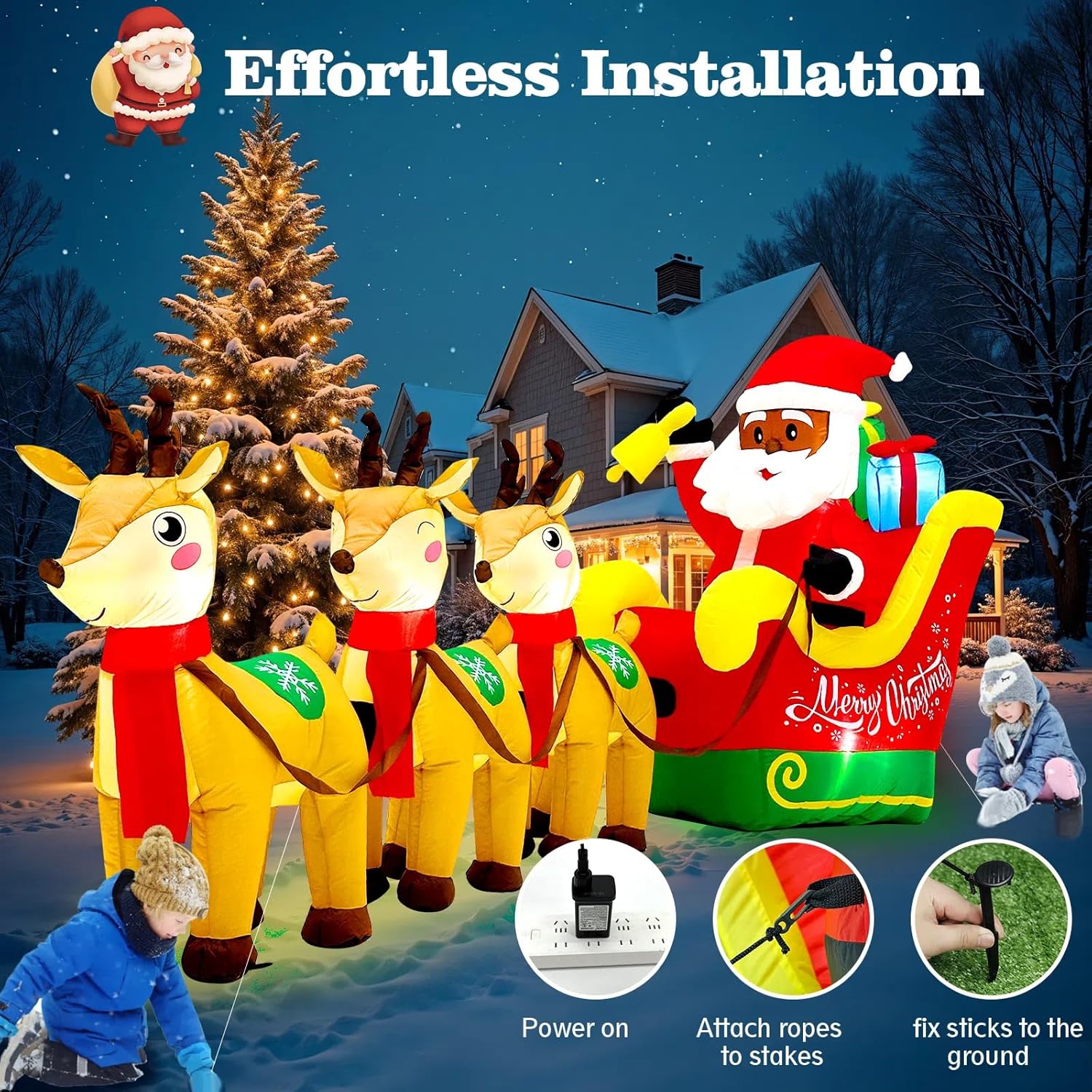 12Ft Christmas Inflatables, Black Santa Claus On Sleigh With Reindeer, Blow Up Christmas Decorations Outdoor With Lights
