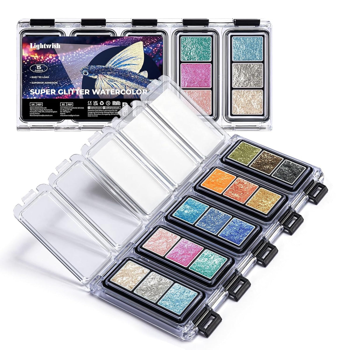 15 Color Super Glitter Watercolor Paint Set - Metallic & Shimmery For Art, Crafts | Easy To Load, Superior Adhesion, Quick Activation On Paper