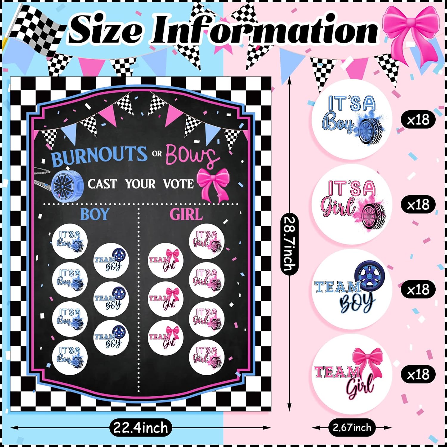 72 Pieces Burnouts Or Bows Gender Reveal Stickers And Gender Reveal Board For Voting Games And Party Invitations 2.67 Inch Team Boy And Team Girl Labels Sticker For Gender Reveal Parties Baby Showers