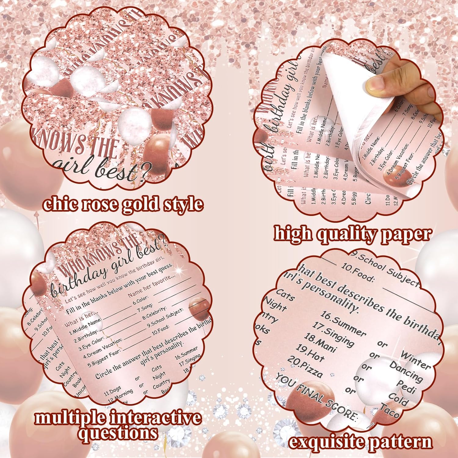Who Knows The Birthday Girl Best Card Set - 50 Pcs Rose Gold Sprinkles Birthday Party Activity Game With 10 Pre Pointed Pencils For Teen Girls Sweet Sleepover Slumber Party