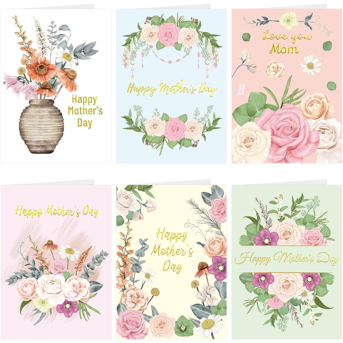 Happy Mothers Day Cards With Envelopes 12Pcs Gold Foil Mother'S Day Gift Cards Boho Floral Blank Inside