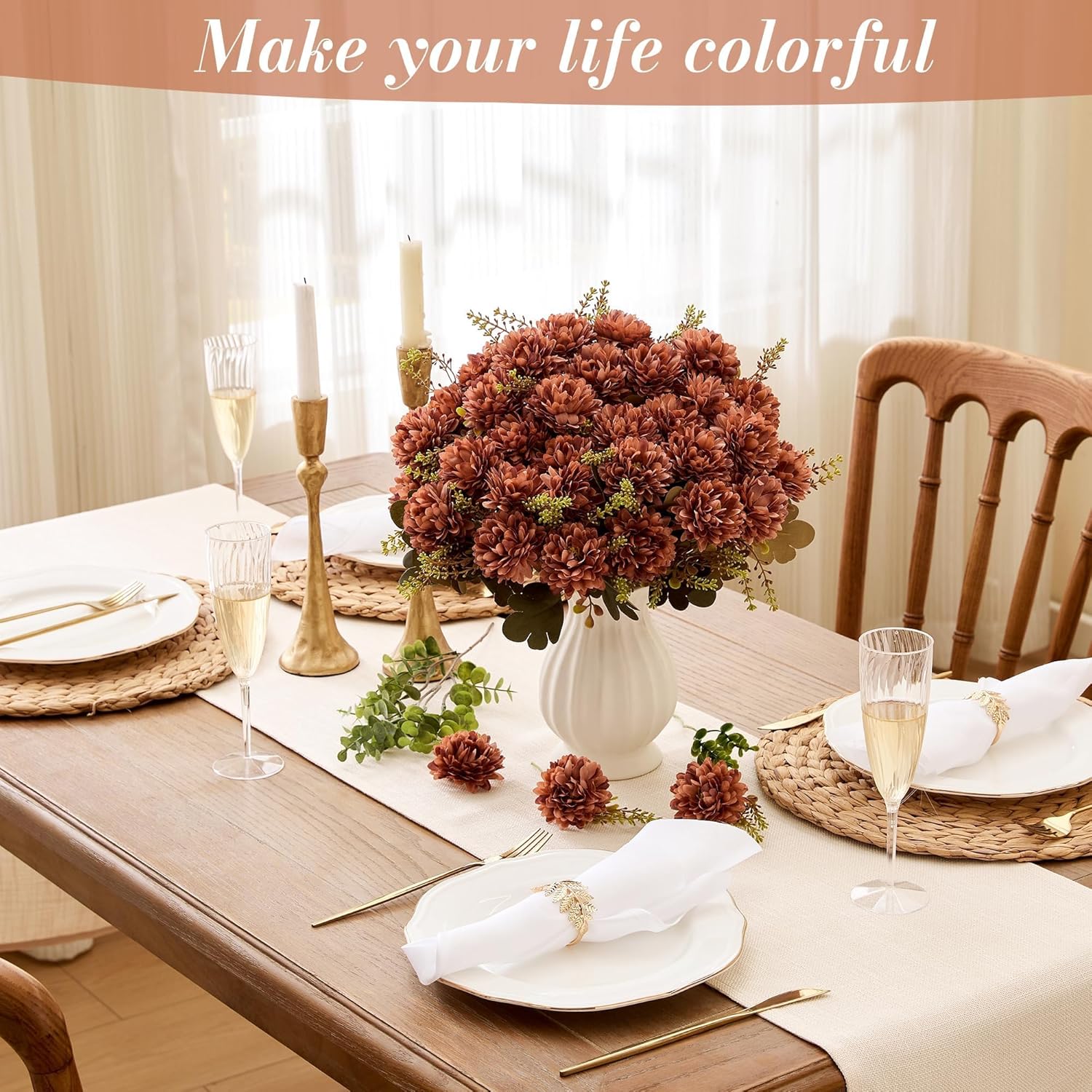 18 Heads Brown Artificial Chrysanthemum Brown Silk Artificial Flowers Fake Mums Bouquet Fake Flowers With Stems Arrangements For Home Kitchen Table Centerpieces Decor Indoor 2 Pcs