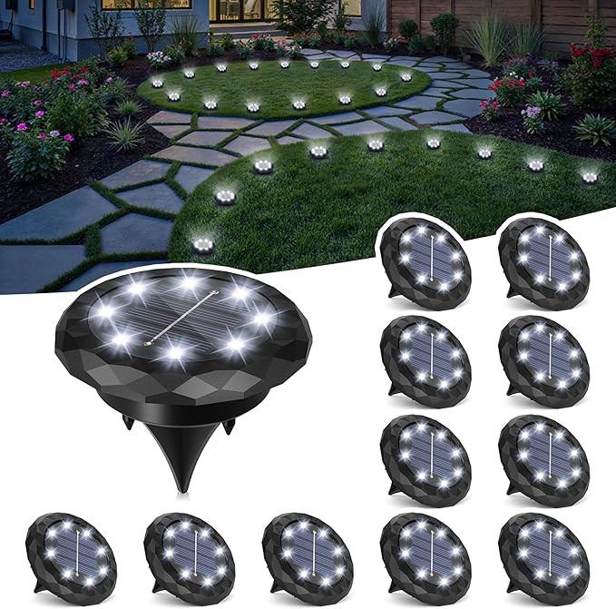 12 Pack Mini Solar Ground Lights Cool White Waterproof Landscape Pathway Lights