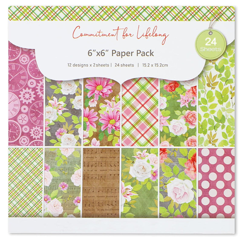 24 Sheets Vintage Flower Leaves Pattern Paper, Single-Sided Dots Plaid Scrapbo