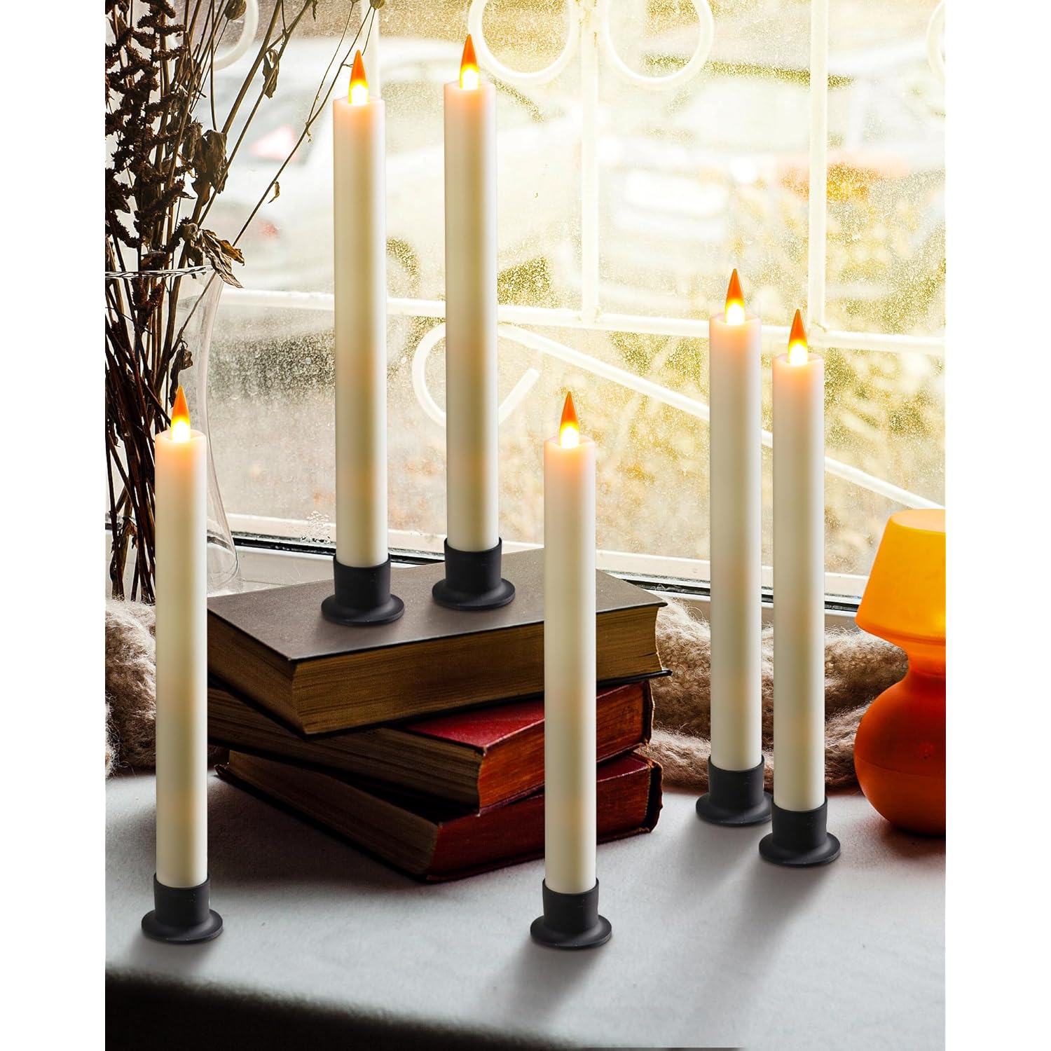6 Flameless Window Candles With Remote Controller & Timer, Led Cone Stick Candle, Free 6 Black Bases, 9.6 Inch Battery Powered Christmas Candles For Home, Party, Holidays, Christmas Decoration