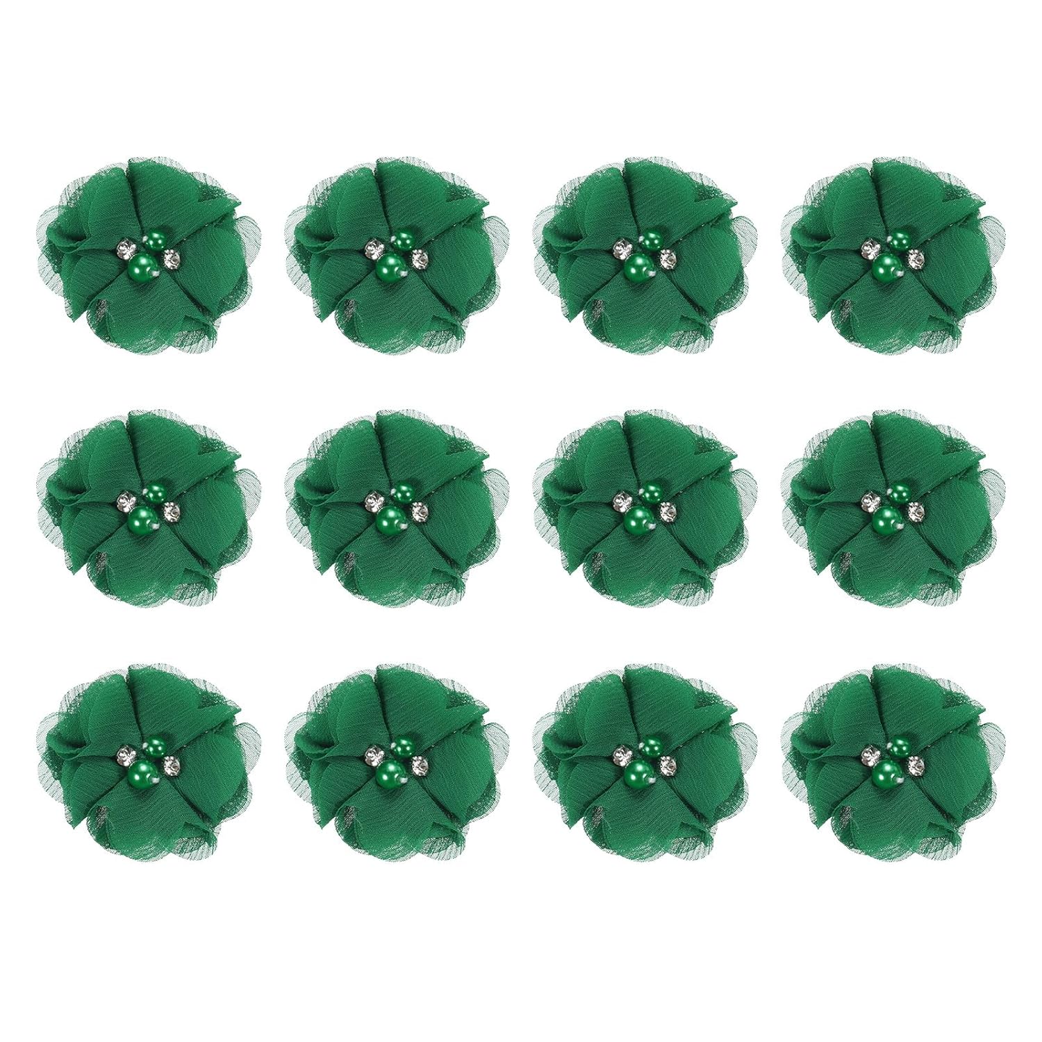 Artificial Rhinestone Chiffon Flower Heads, Green Faux Flowers 2 Inch For Diy Craft Wedding And Party Decoration Pack Of 12